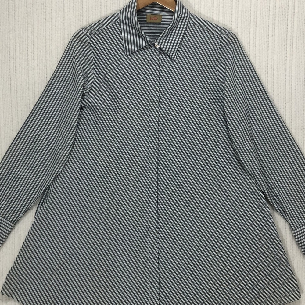 Tulip Womens Small Blue White Striped Cotton A-Line Button Down Tunic Shirt